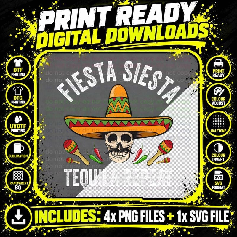 Fiesta Siesta Tequila Repeat Shirt Funny Mexican Skull Png SVG Digital Bundle