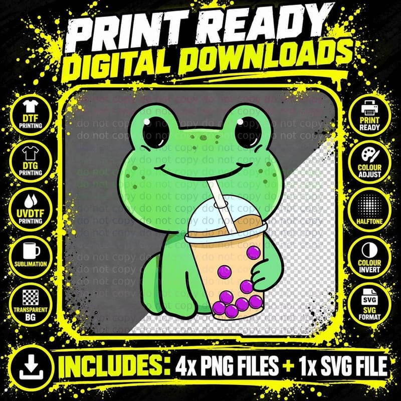 Frog Drinking Bubble Tea, Cute Animal, Funny, Fashion Png SVG Digital Bundle