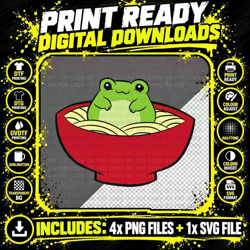 Frog Eating Ramen Noodles Cute Frog, Funny Animal Png SVG Digital Bundle
