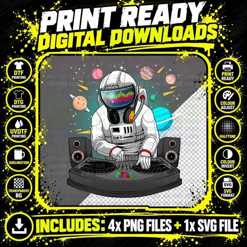 Funny Astronaut DJ Art Men Women Boys Girls Space EDM Png SVG Digital Bundle
