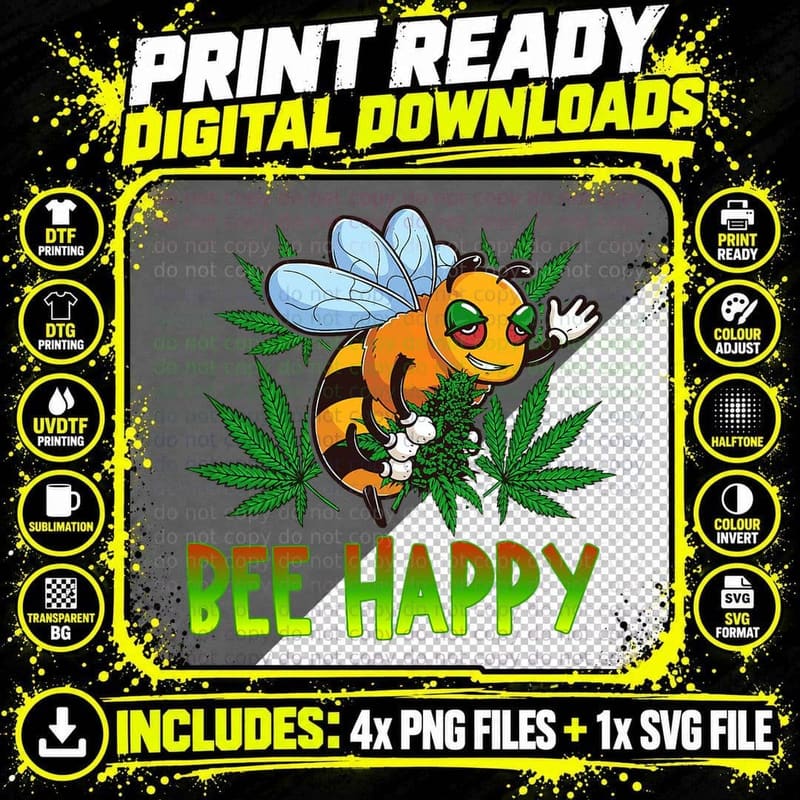 Funny Bee Happy Cannabis Weed Leaf Marijuana 420 Day Png SVG Digital Bundle