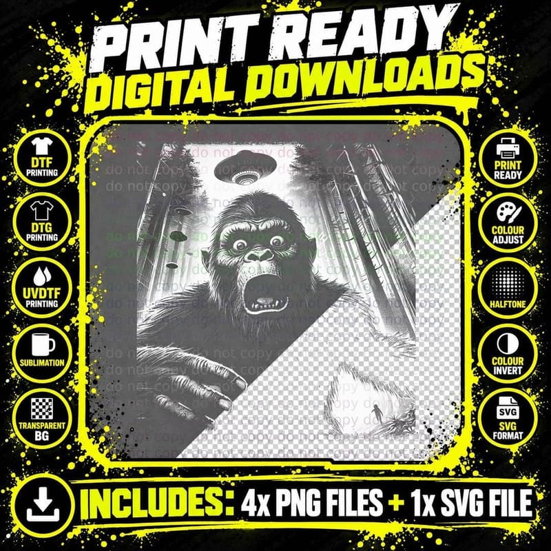 Funny Bigfoot Sasquatch Selfie with Alien UFO T-Shirt Png SVG Digital Bundle