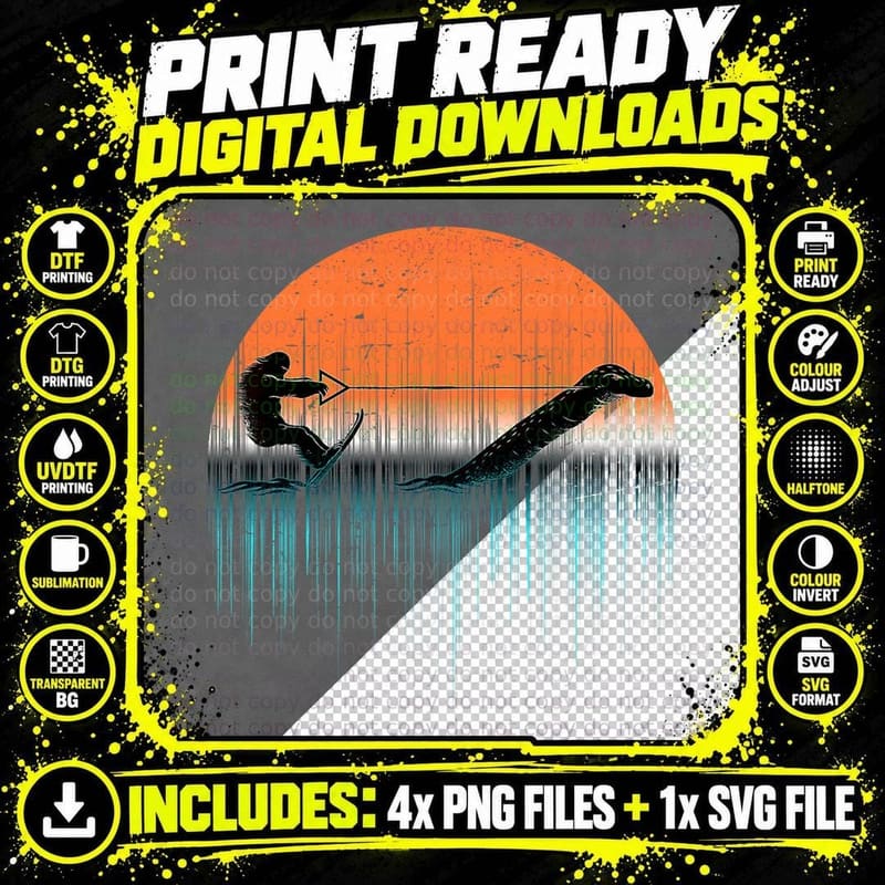 Funny Bigfoot Water Skiing with Loch Ness Monster Png SVG Digital Bundle