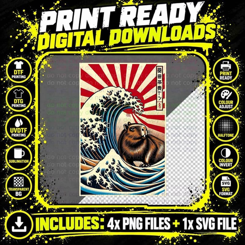 Funny Capybara Japanese Art Kanagawa Great Wave Png SVG Digital Bundle