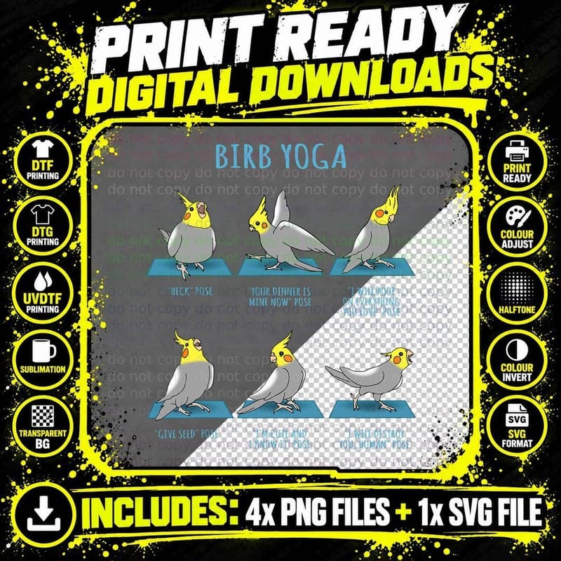 Funny Cockatiel Yoga Poses Birb Memes Cute Parrot Doodle Png SVG Digital Bundle