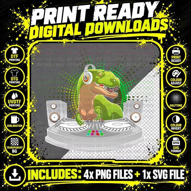 Funny DJ T-Rex Art for Men Women Boys Girls EDM Dino Png SVG Digital Bundle