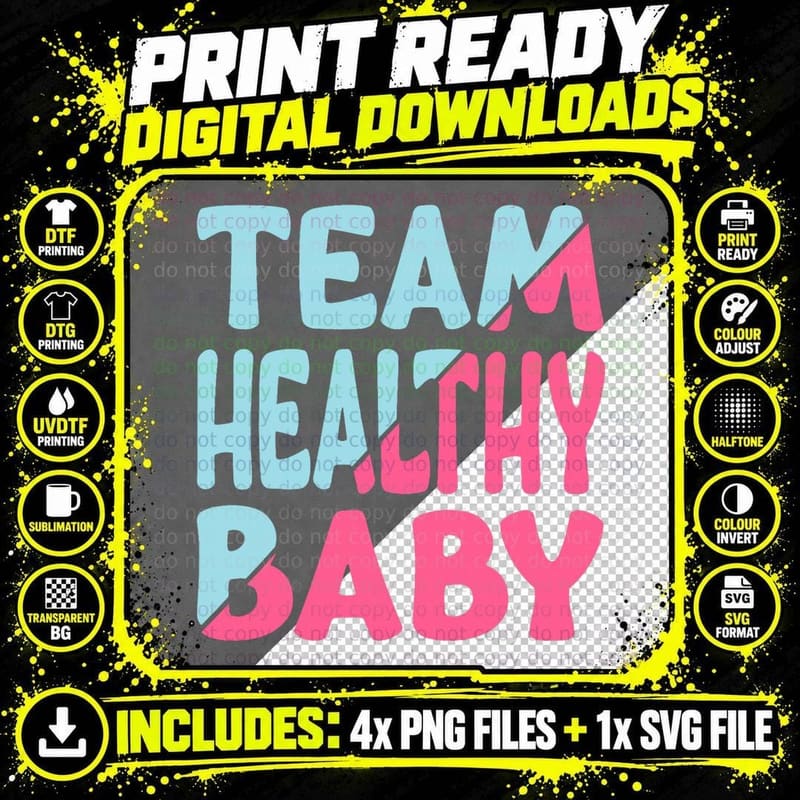 Funny Gender Reveal of Team Healthy Baby Party Supplies Png SVG Digital Bundle