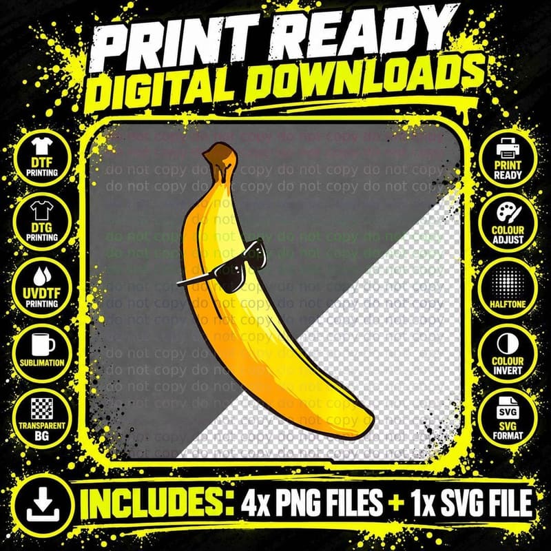 Funny Giant Long Yellow Banana Wearing Summer Sunglasses Png SVG Digital Bundle