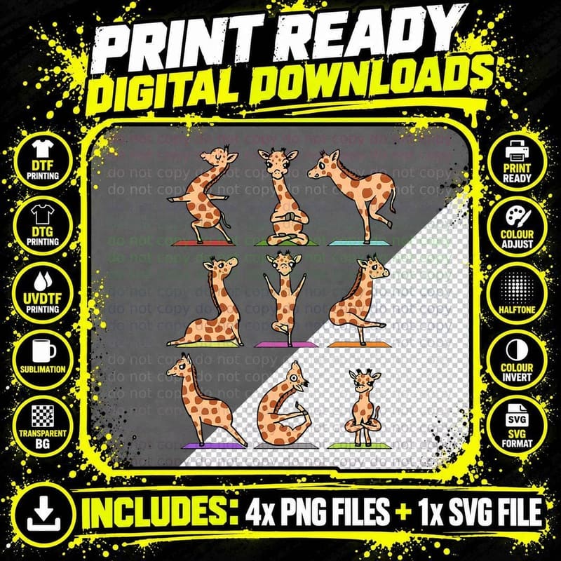 Funny Giraffes Yoga Asana Poses Meditation Lovers Png SVG Digital Bundle
