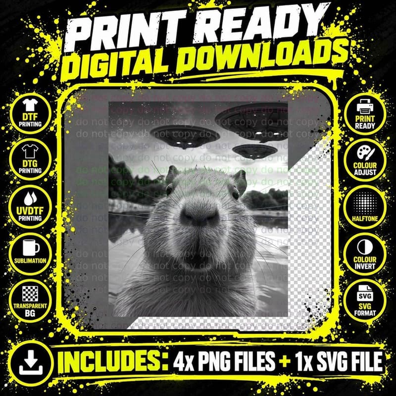 Funny Graphic Tee Capybara Selfie with Ufos Weird Png SVG Digital Bundle