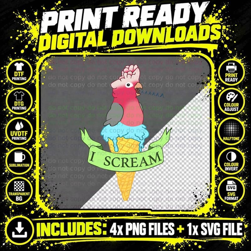 Funny I Scream Birb Memes Doodle, Ice Cream Galah Png SVG Digital Bundle