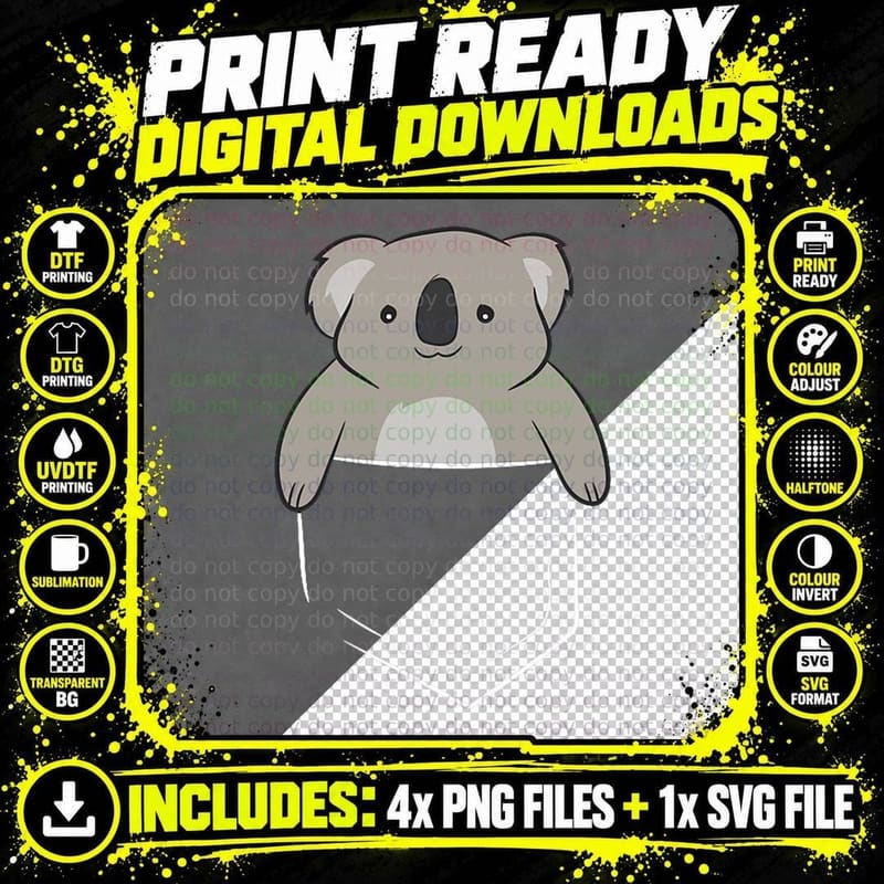 Funny Koala in Pocket Cute Koala Pocket Png SVG Digital Bundle