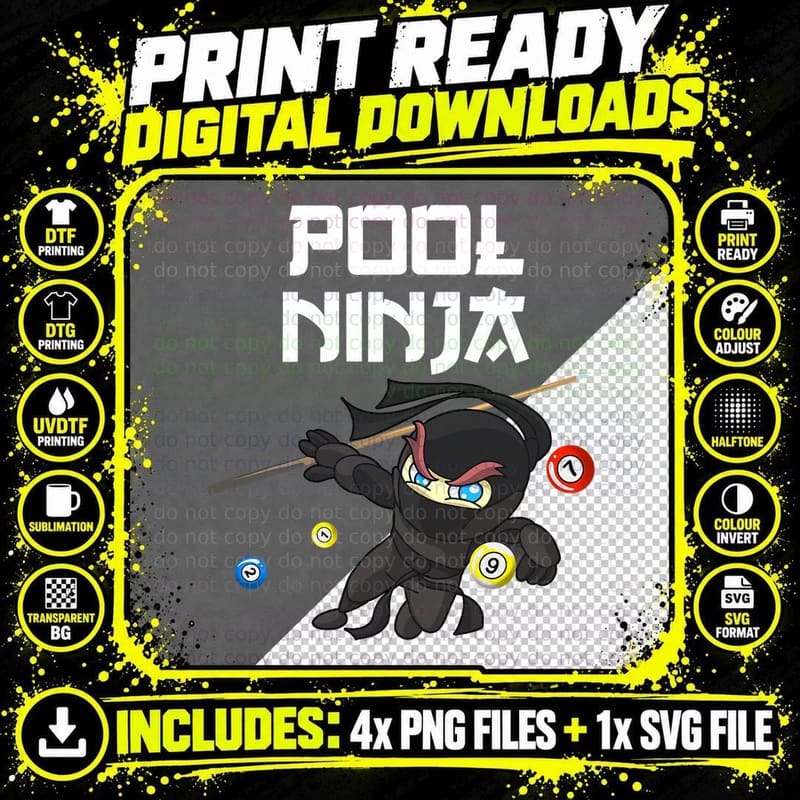 Funny Pool Ninja Cute Pocket Billiards Boys Girls Men Png SVG Digital Bundle