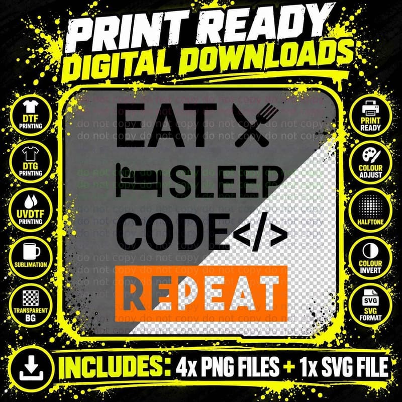 Funny Programmer Eat Sleep Code Repeat Coding T-Shirt Png SVG Digital Bundle