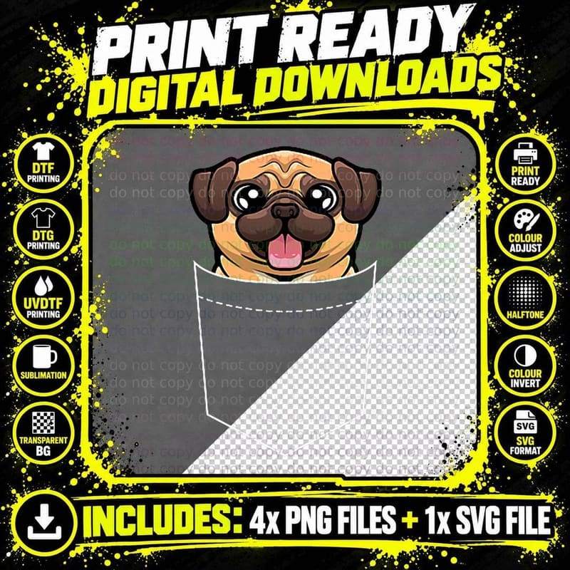 Funny Pug Pocket Design for Men Women Cute Pug Animal Png SVG Digital Bundle