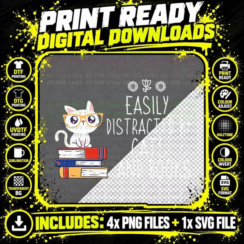 Funny Reading Book Lover Easily Distracted by Cats and Png SVG Digital Bundle