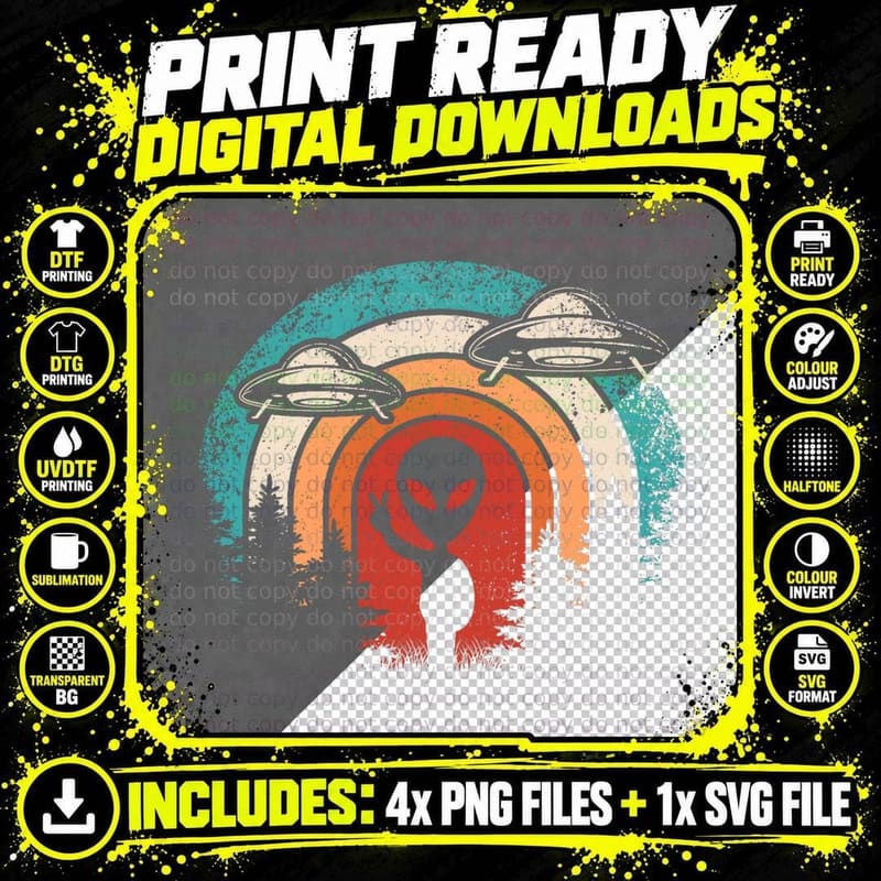 Funny Retro Alien UFO Space Extraterrestrial T-Shirt Png SVG Digital Bundle