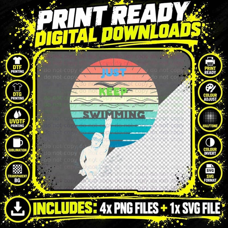 Funny Retro Vintage Sunset Swim Keep Swimming Graphic Png SVG Digital Bundle