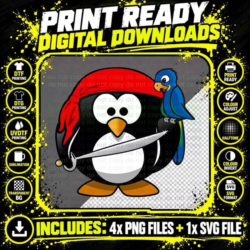 Funny Shirt with Pirate Penguin Animal Comic Cartoon Png SVG Digital Bundle