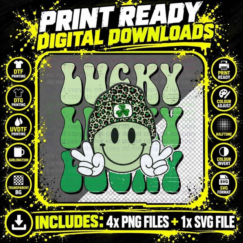Funny St Patricks Day Lucky Shamrock Smile Face Retro Png SVG Digital Bundle