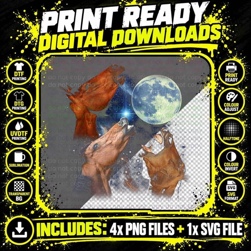 Funny Three Horses Howling at the Moon Starry Night Png SVG Digital Bundle