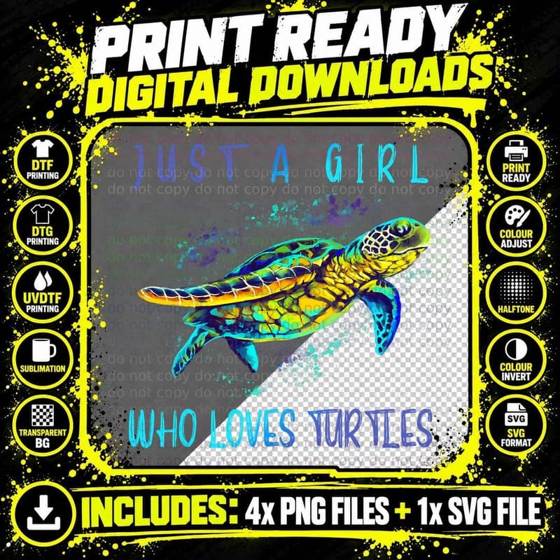Funny Turtle Watercolor Sea Ocean Art Lovers Girl Outfit Png SVG Digital Bundle