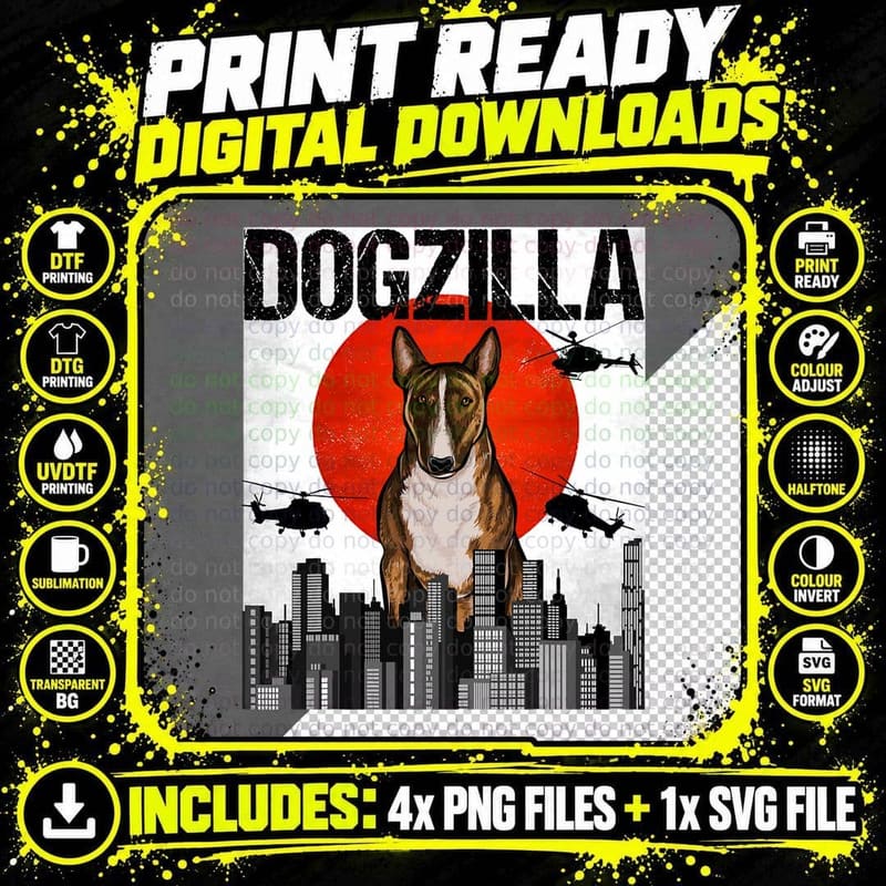 Funny Vintage Japanese Dogzilla Miniature Bull Terrier Png SVG Digital Bundle