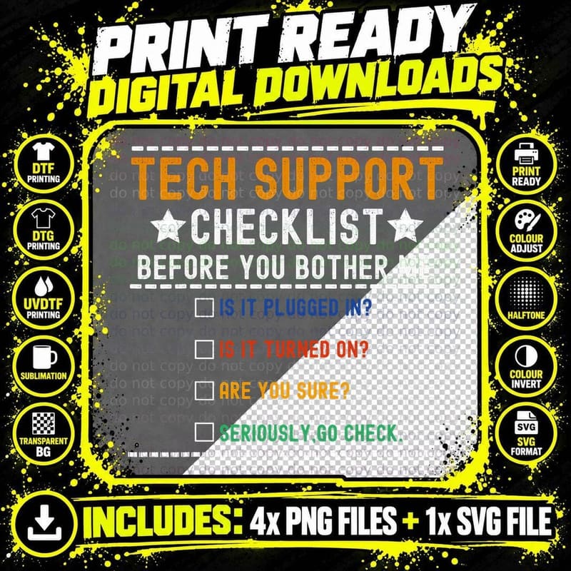 Funny Vintage Tech Support Checklist Computer Geek Png SVG Digital Bundle
