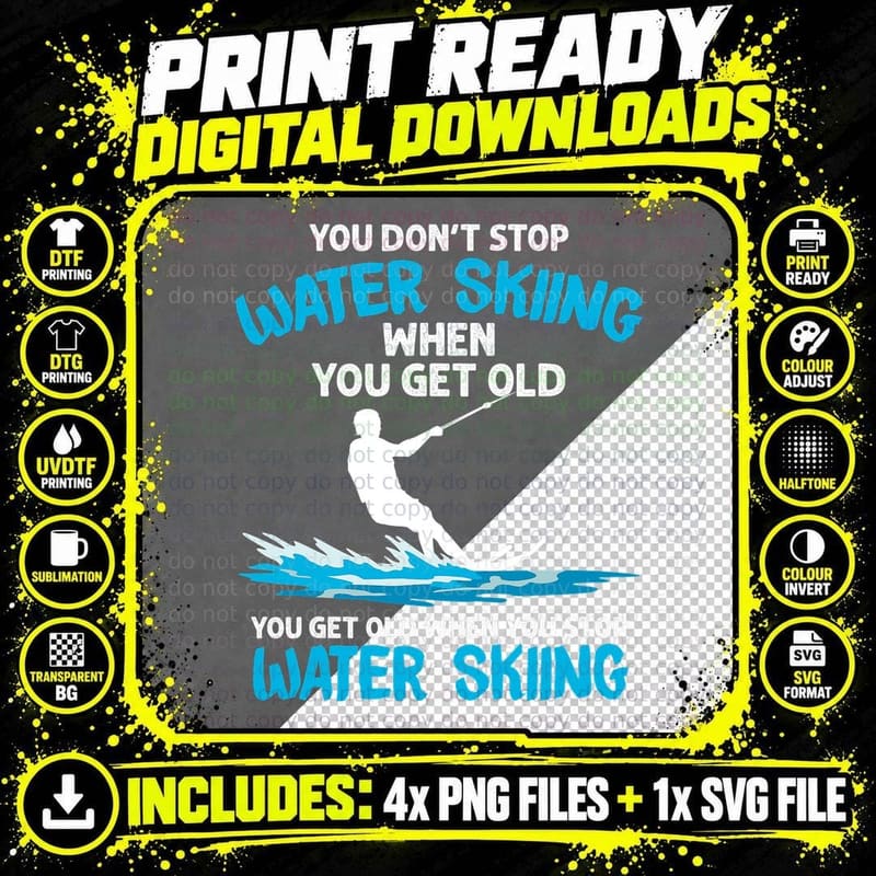 Funny Water Skiing Designs, Retro Typography Tee Png SVG Digital Bundle