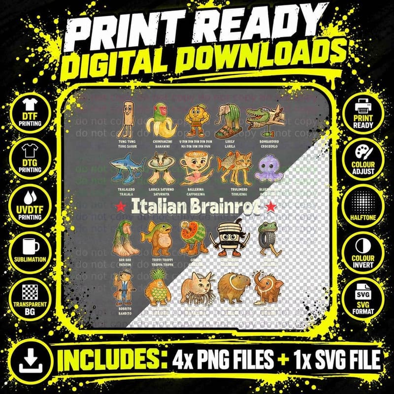 Italian Brainrot Characters T-Shirt Png SVG Digital Bundle