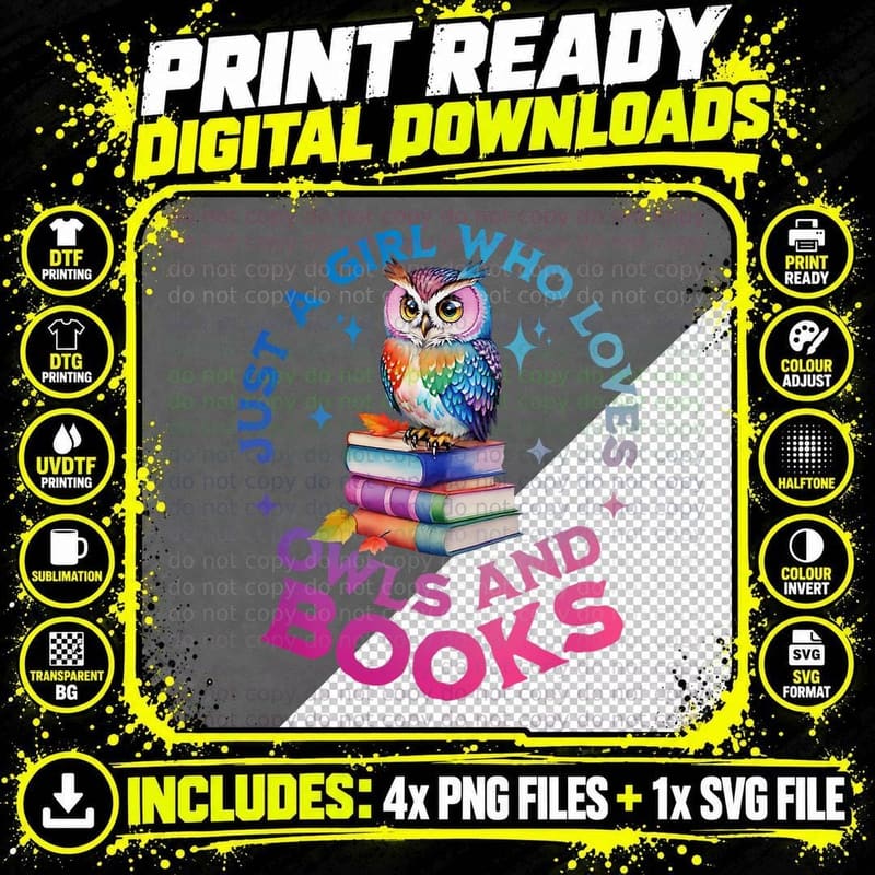 Just a Girl Who Loves Owls and Books. Funny Reading Png SVG Digital Bundle