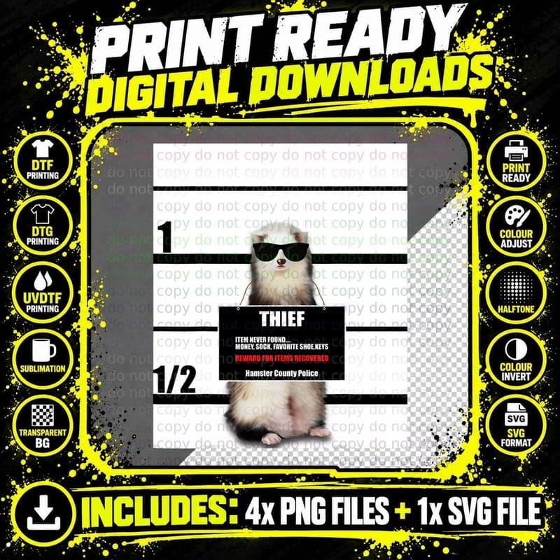 Pet Ferret Tee Funny Ferret, Thief, Mugshot, T-Shirt Png SVG Digital Bundle