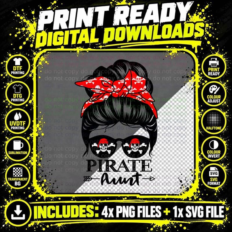 Pirate Aunt Messy Bun Hair Funny Skull Pirate Aunt Png SVG Digital Bundle