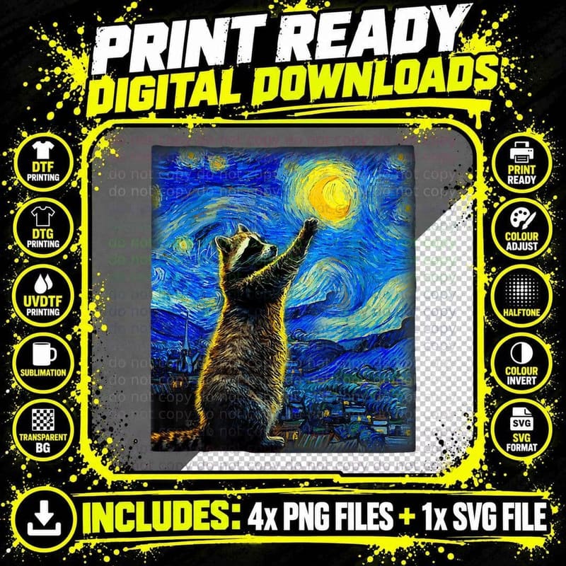 Raccoon Starry Night Painting Van Gogh Funny Raccoon Png SVG Digital Bundle