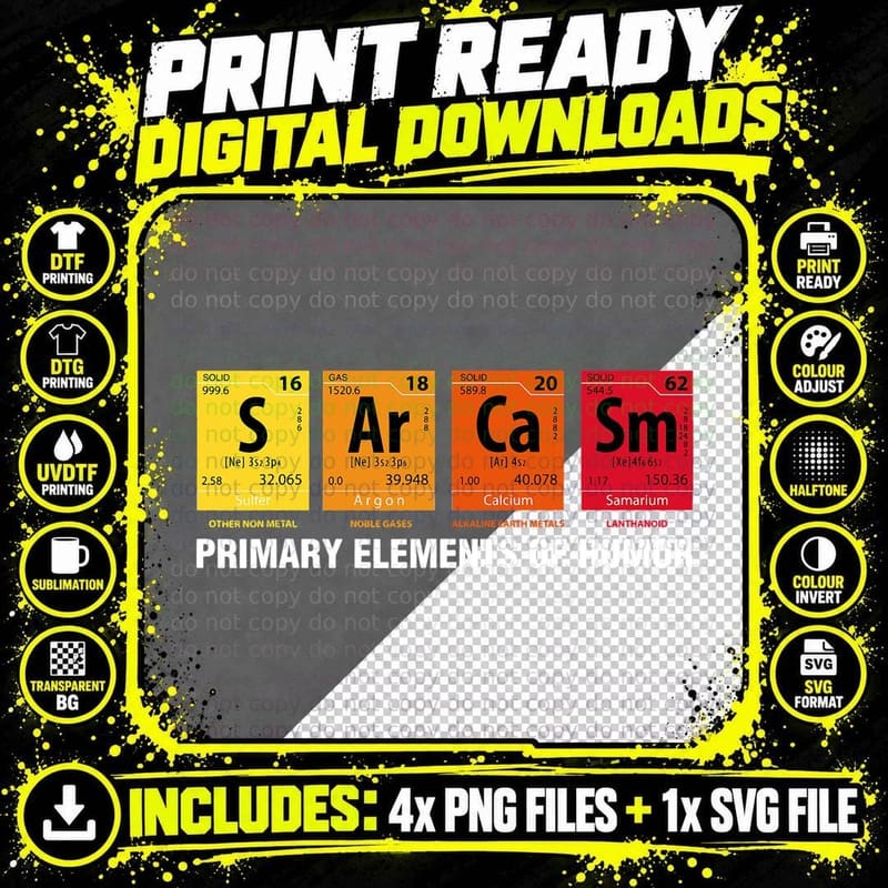 Sarcasm Elements of Humor Periodic Table Graphic T-Shirt Png SVG Digital Bundle