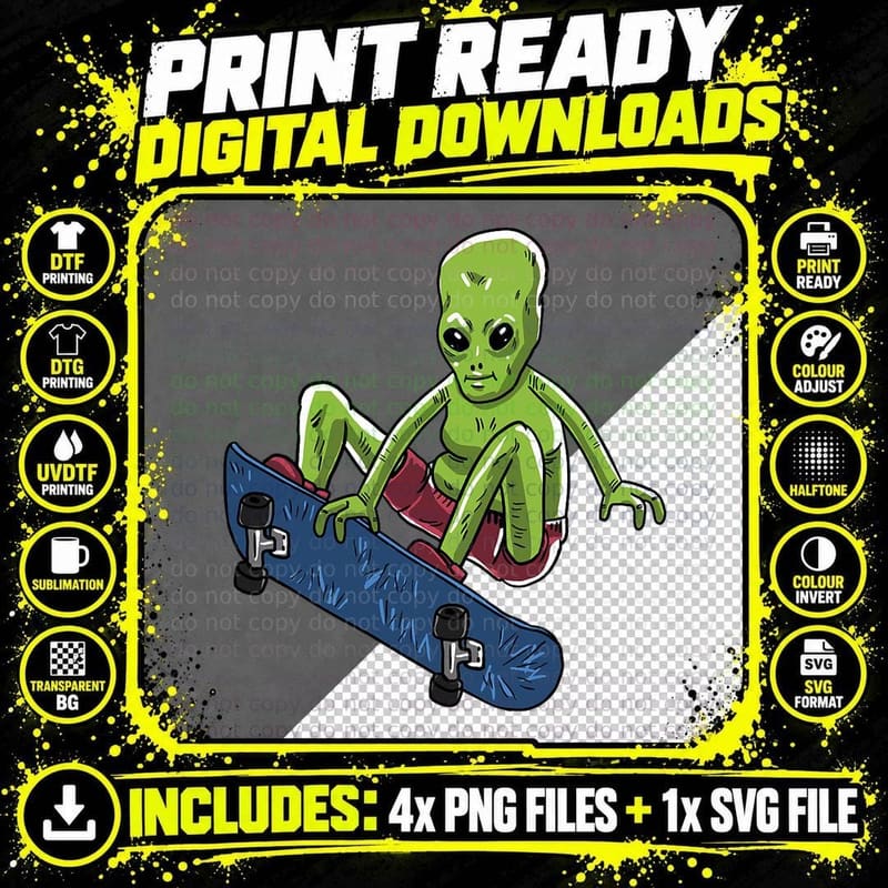 Skater Alien Funny ET Space Sport Skateboarder Boys Gift Png SVG Digital Bundle