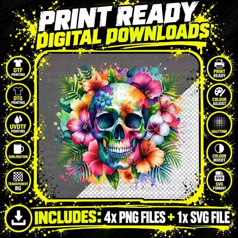 Skull Tropical, Retro Vintage, Funny Aesthetic, Cozy Png SVG Digital Bundle