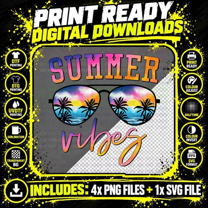 Summer Vibes Sunglasses with Palm Tree Funny Beach Life Png SVG Digital Bundle