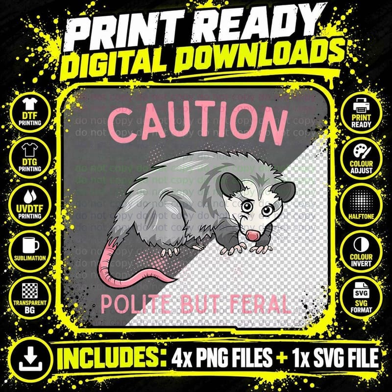 Caution Polite BUT FERAL - Funny Opossum, Funny T-Shirt Png SVG Digital Bundle