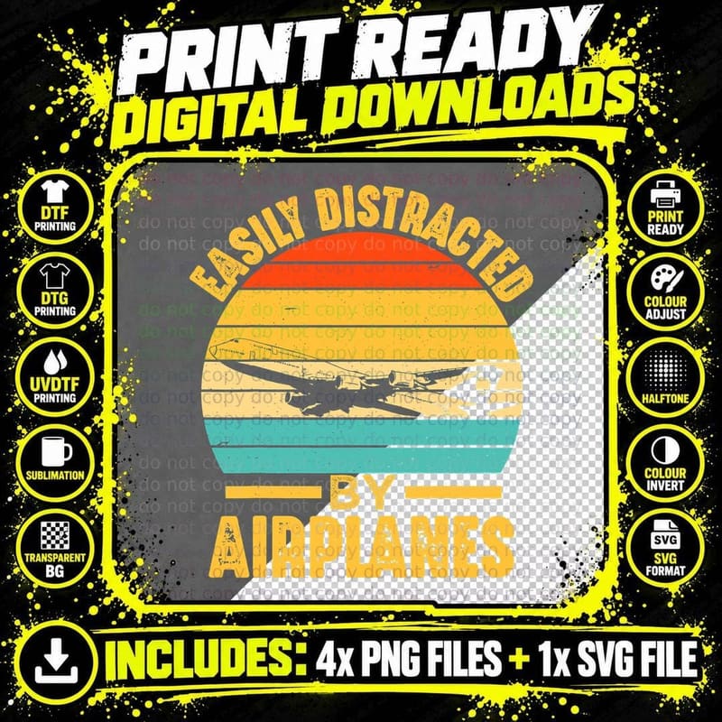 Easily Distracted by Airplanes Pilot Gifts Funny Png SVG Digital Bundle