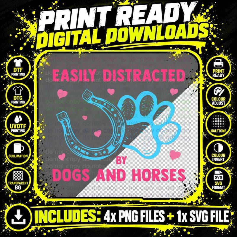 Easily Distracted by Dogs and Horses Funny Farm Animal Png SVG Digital Bundle