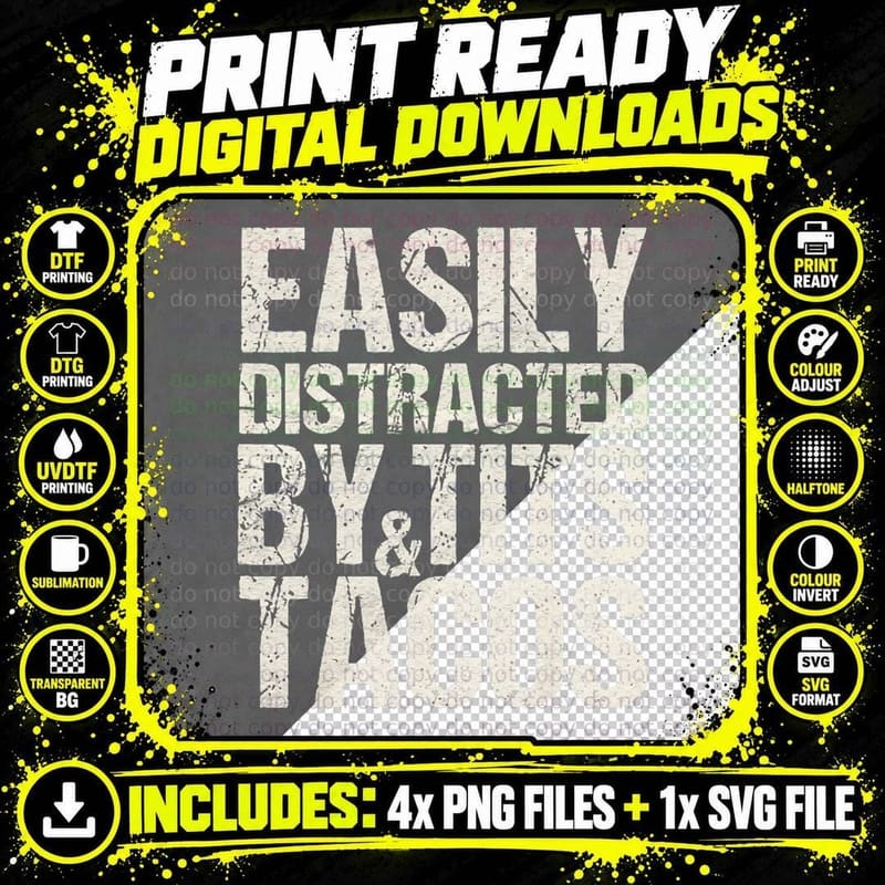 Easily Distracted by Tits and Tacos Vintage Adult Humor Png SVG Digital Bundle
