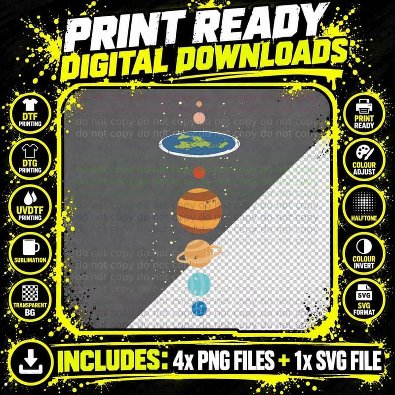 Flat Earth and Planets Funny Conspiracy Theory Earthers Png SVG Digital Bundle