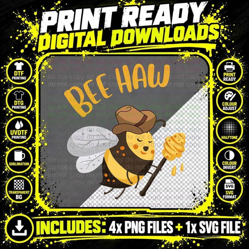 Funny Bee Haw Cowboy Bee Bumble Beehaw Bee T-Shirt Png SVG Digital Bundle
