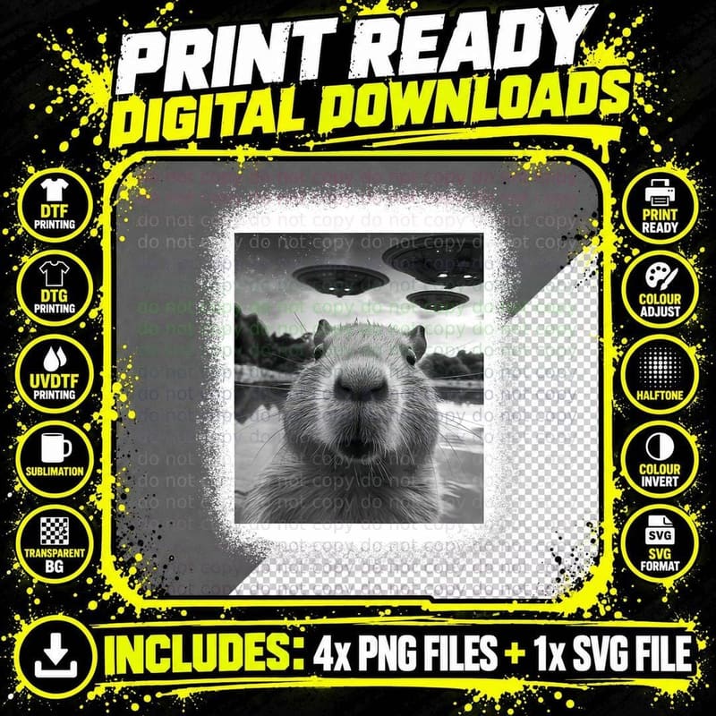 Funny Capybara Selfie with Ufos Weird T-Shirt Png SVG Digital Bundle