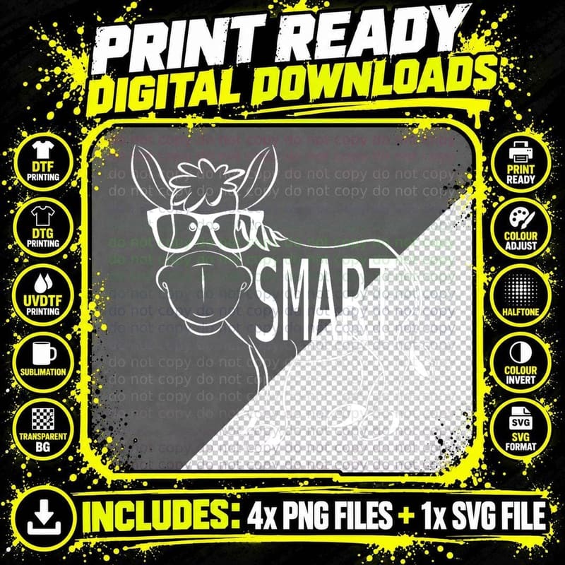Funny Cute Sarcastic Smart Ass Donkey W Glasses Humorous Png SVG Digital Bundle