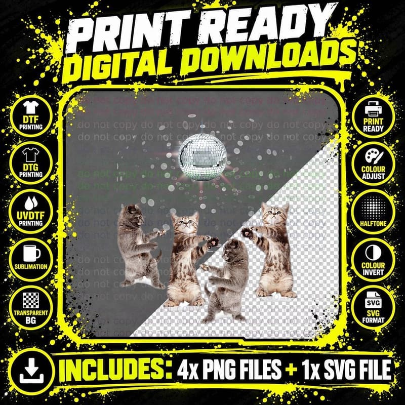 Funny Dancing Cats Disco Ball T Shirt Kitten Kitty Lover Png SVG Digital Bundle