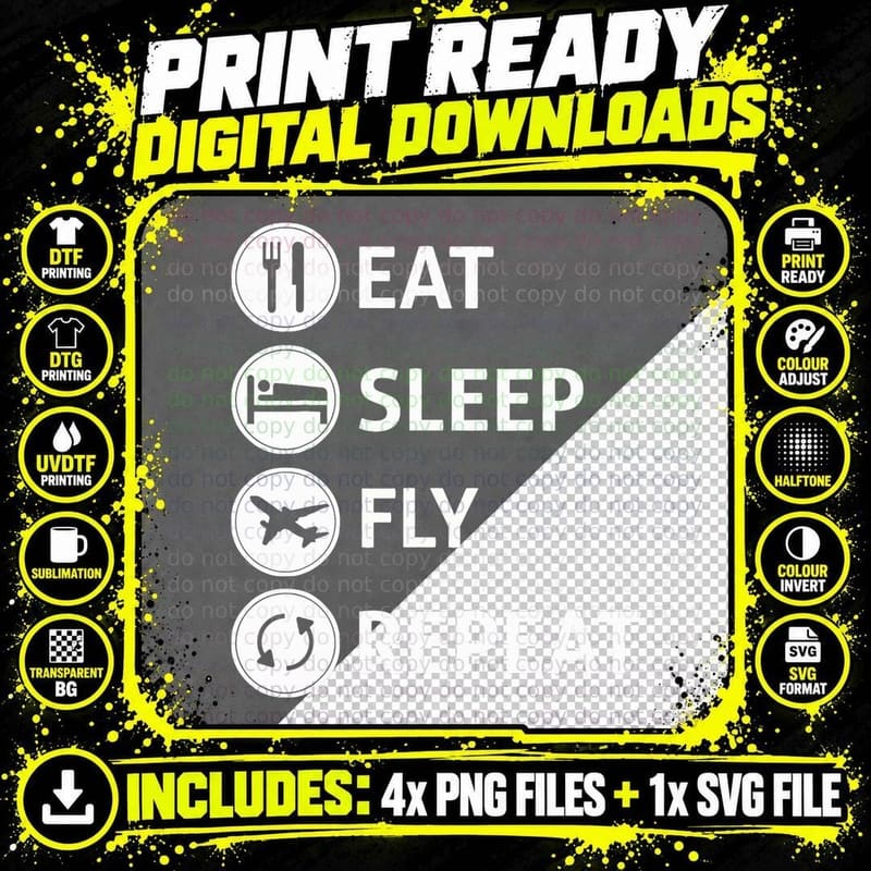 Funny Eat Sleep Fly Repeat Gift T-Shirt for Plane Flyers Png SVG Digital Bundle