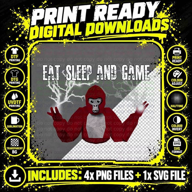 Funny Eat Sleep Gorilla Decorations Png SVG Digital Bundle
