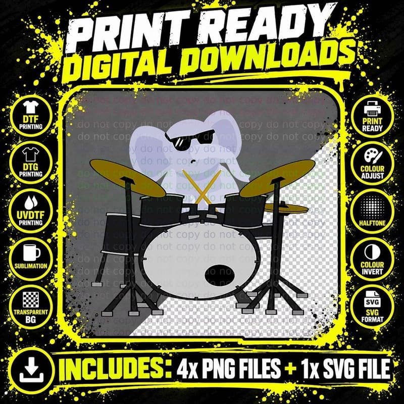 Funny Elephant Wearing Sunglasses Playing Drums Drummers Png SVG Digital Bundle